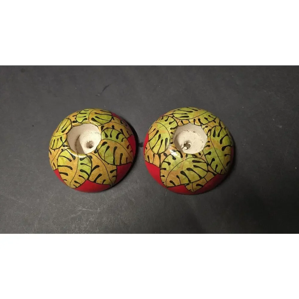 Pair Red Yellow Tropical Leaf Ceramic Taper Candle Holders Small Round Decor